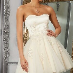 Elegant Champaign Formal Dress with Floral Details and Corset Back